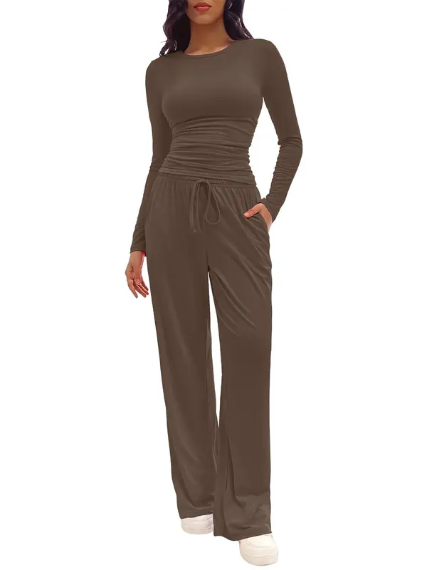 Two-piece Set Women's Solid Ruched Tee & Drawstring Pocket Pants Lounge Set, Casual Long Sleeve T-shirt & Elastic Waist Trousers, Pyjamas for Women, Ladies Sleepwear for All Seasons,  Lounge Tracksuit Women 7