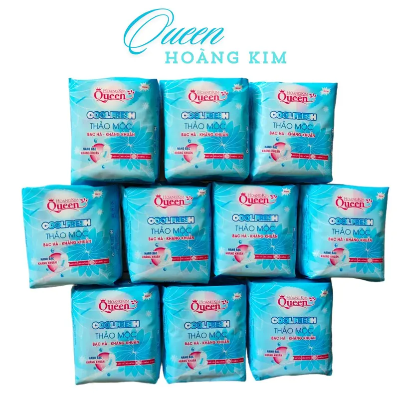 [ Bạc Hà ] ComBo 10 Gói Băng Vệ Sinh Queen Hoàng Kim Thảo Mộc The Thấm Hút Gói 8 Miếng Bề Mặt Bông Gòn Dệt Tampon bvs mát lạnh 6