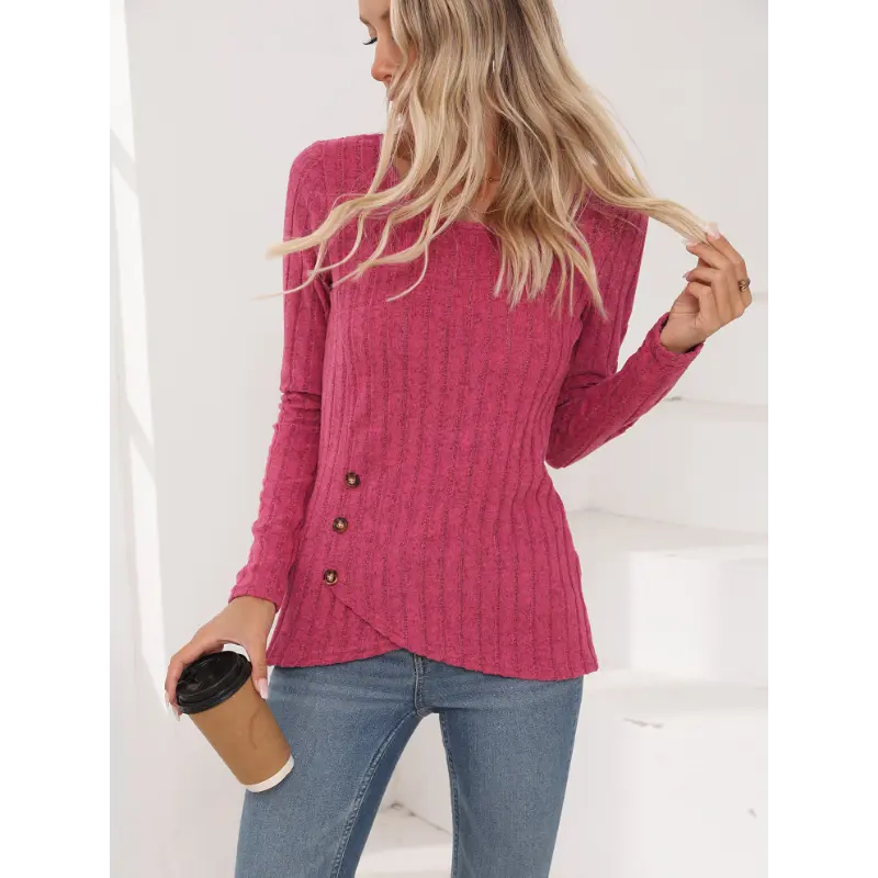 Product Introduction of Button Side Asymmetrical Hem T-Shirt, Elegant Rib Crew Neck Long Sleeve T-Shirt For Spring & Fall, Women's Clothing Collar Fabric 0