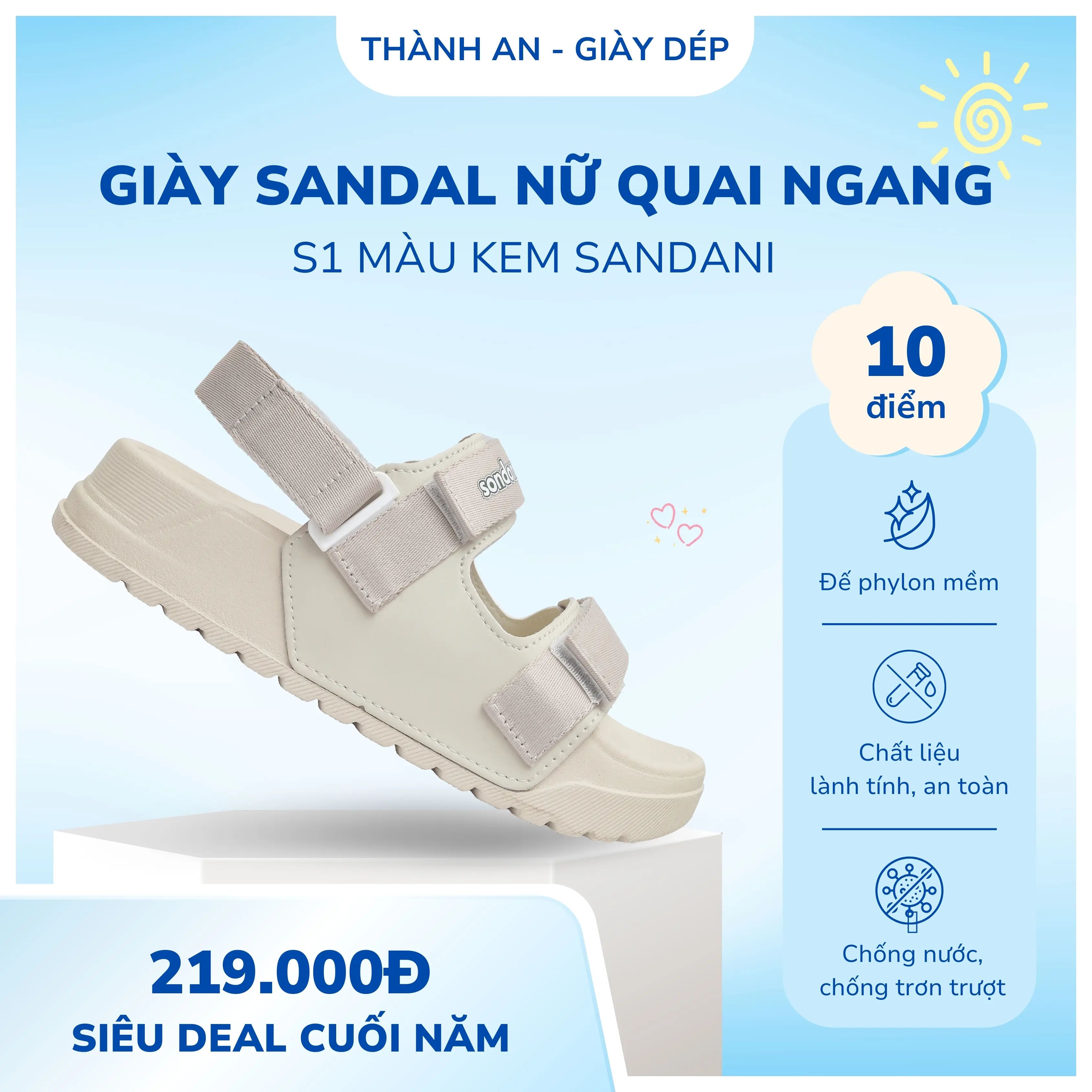 Sandal Nữ Sandani Màu Kem S1 Đế Phylon Nhẹ Êm Quai Dù Bền Đi Học Đi Chơi - Cao Su, DéP sandal  nữ