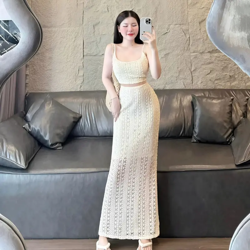 Set đồ nữ áo ren 2 dây có mút ngực phối chân váy dài lưới có lót trong xinh xắn cho nàng diện đi chơi, đi biển 6