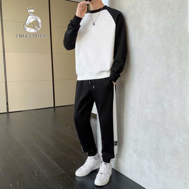 Bộ Nỉ Sweater Basic Phối Màu Chất Liệu Nỉ Da Cá Dệt Kim, Nam Tính, Trẻ Trung, Thanh Lịch - ( UMA STORE ) Bộ Áo Cổ Tròn Menswear Tre Quần set  nam dep