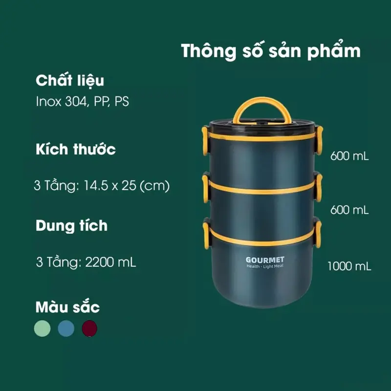 [Cao Cấp] Hộp Đựng Cơm/Camen Giữ Nhiệt 3 Tầng 2200ml Lõi Inox 304 + Tặng Kèm Muỗng 3
