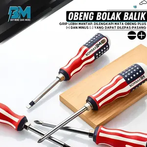 Obeng Bolak Balik Amerika 2in1 Kepala Obeng Plus Minus Gagang Karet Anti Slip Berkualitas