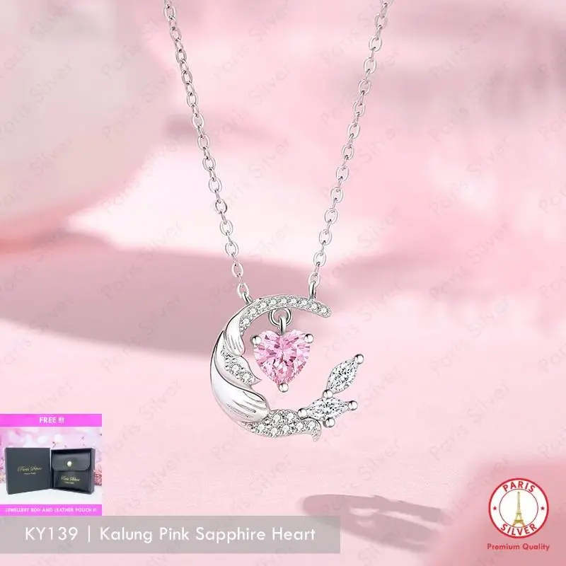 Kalung Perak Asli 925 Liontin Hati Pink Safir Silver 925 Lapis Emas Putih Wanita