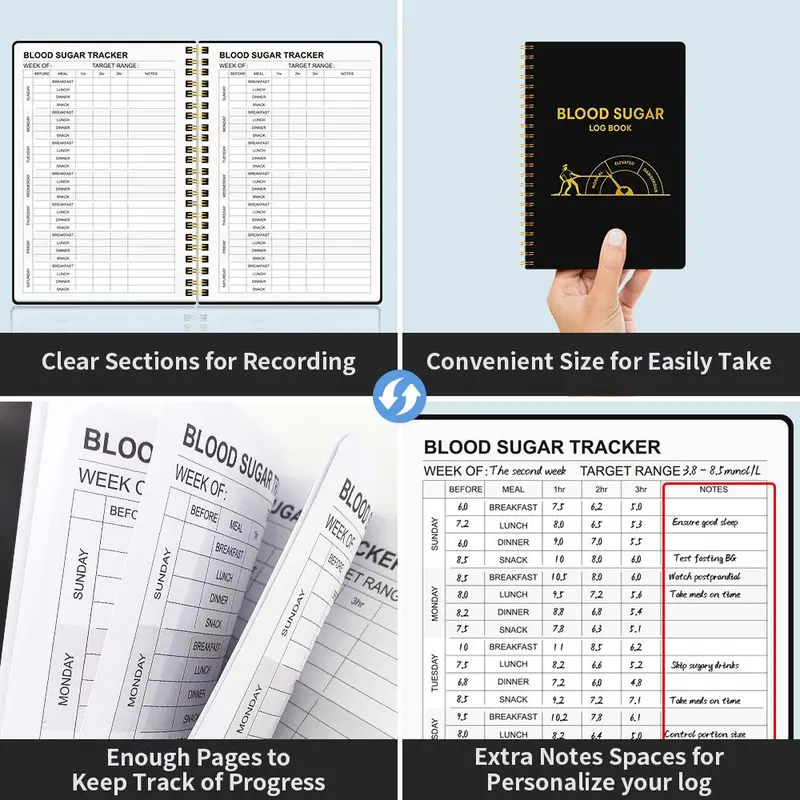 Blood Sugar Log Book, 1 Count Weekly Blood Sugar Diary, Daily Diabetic Glucose Tracker Journal Book, Suitable for People with Diabetes 3