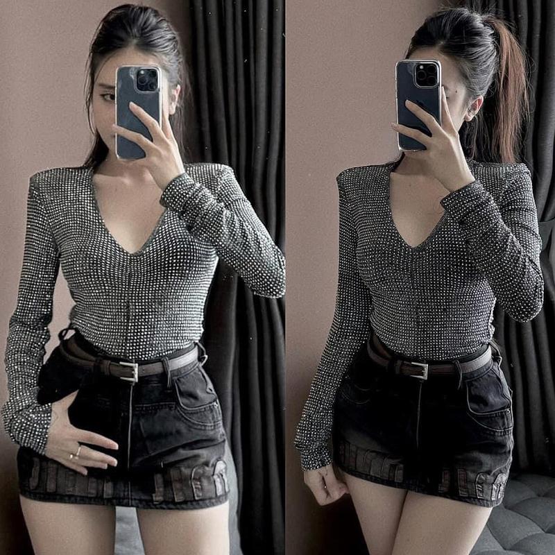 Áo Bling cổ tim có đệm vai - A101 Nữ
