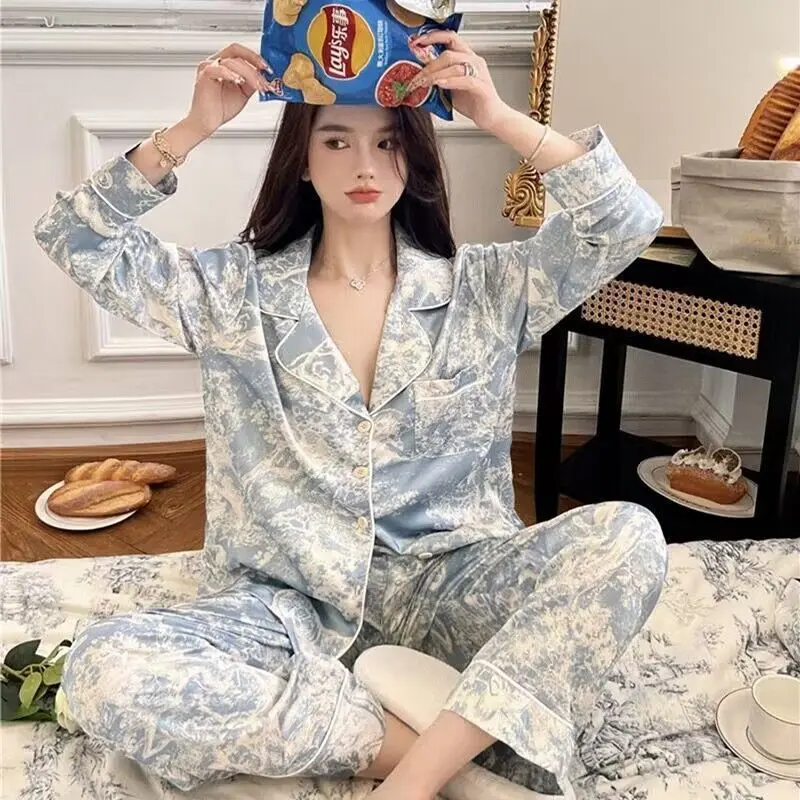 2025 New Pajamas Women's Ice Silk Spring and Autumn Thin Net Red Wind Women's Spring and Autumn Long Sleeve Summer Loungewear Nightwear Womenswear