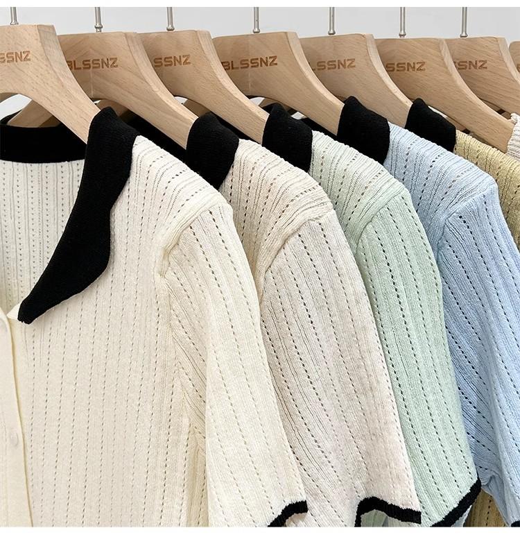Product Introduction of Áo Cardigan Dệt Kim, ngắn Tay, Chất Liệu Lụa Ngầu Dành Cho Nữ, Mỏng Và Mùa Hè, Màu Sắc Tương Phản, Thiết Kế Độc Đáo Với Thiết Kế Áo Polo Rỗng Áo Cánh Nữ Hàng Đầu 10
