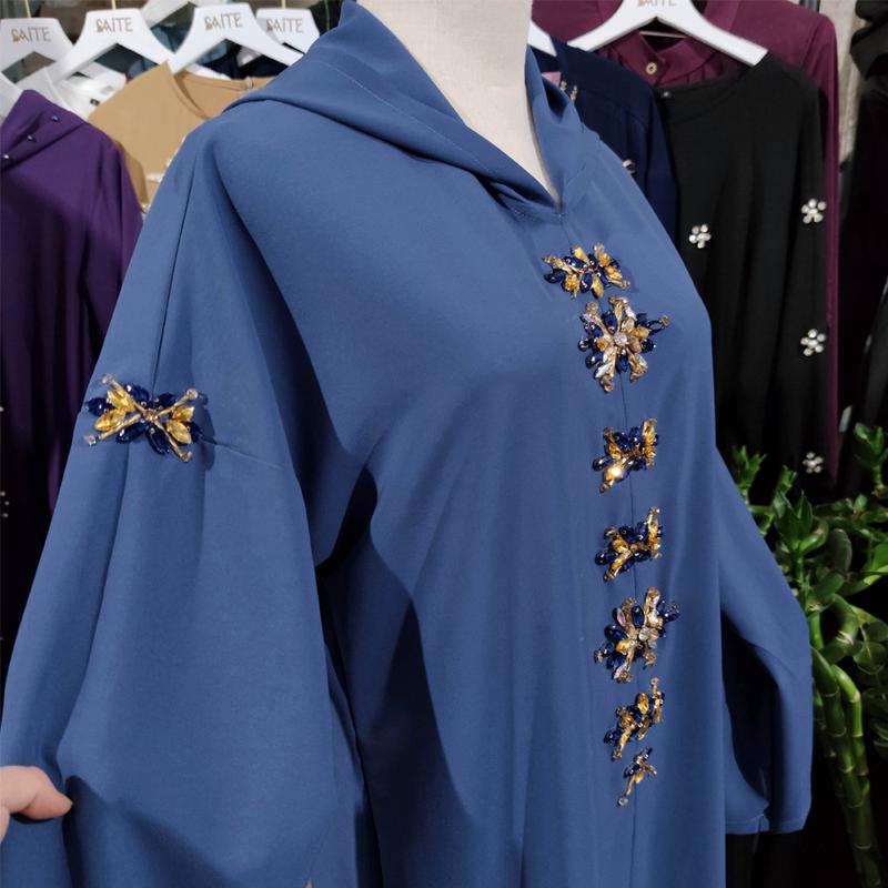 Product Introduction of Ba302 Water Green Hand-Stitched Glass Diamond Decorations Hooded Robe Middle East Southeast Asia Women's Robe 12