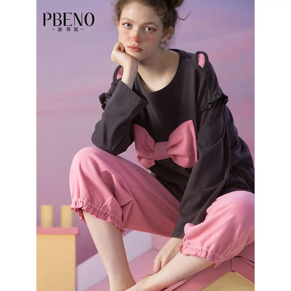 Bộ Đồ Ngủ Bông, Pibannu, Dành Cho Nữ, Cổ Tròn, Tay Dài, Thắt Nơ, Thiết Kế Hoạt Hình Tai Mèo Ba Chiều Dễ Thương, Thích Hợp Cho Mùa Xuân Và Mùa Thu, Đồ Mặc Nhà
