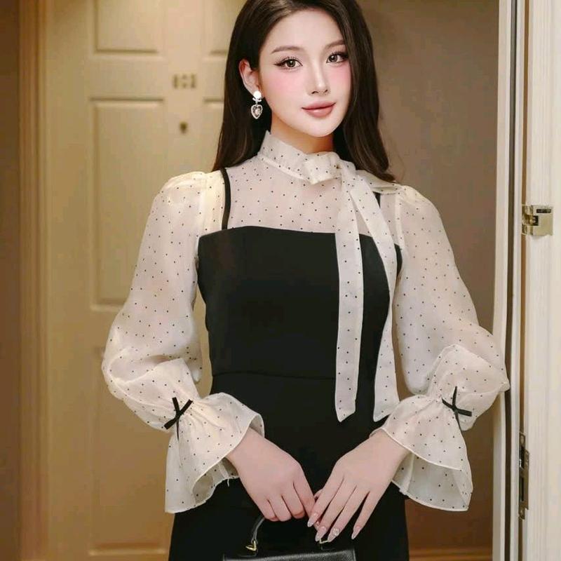  Áo Peplum Phối Tay Tơ Chấm Bi Chất Tuyết Mưa Phối Cổ Nơ Xinh Xắn Áo Mặc Đi Làm Đi Chơi 