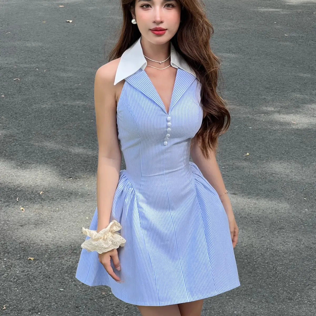 Váy sọc xanh cổ sơmi trắng phom ngắn cho nữ - Women Dress