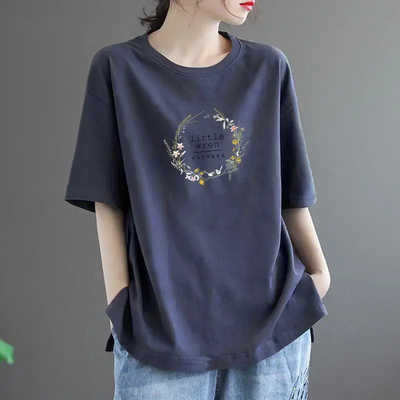 Mom's plus Size Women's Clothing 2023 Summer Popular Loose Casual and Comfortable Outer Wear Fashionable Stylish Literary T-shirt Top Womenswear