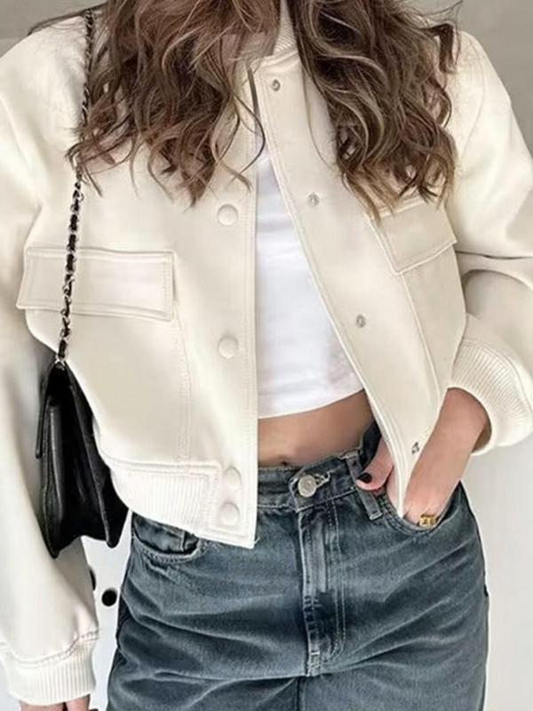 Women's Plain Flap Pocket Crop Bomber Jacket, Designer Jacket, Casual Comfort Long Sleeve Button Front Varsity Jacket, Lady Outerwear for Daily Wear, Womenswear, Coat, Winter Top, Longsleeves Tops for Women, Womenswear 1