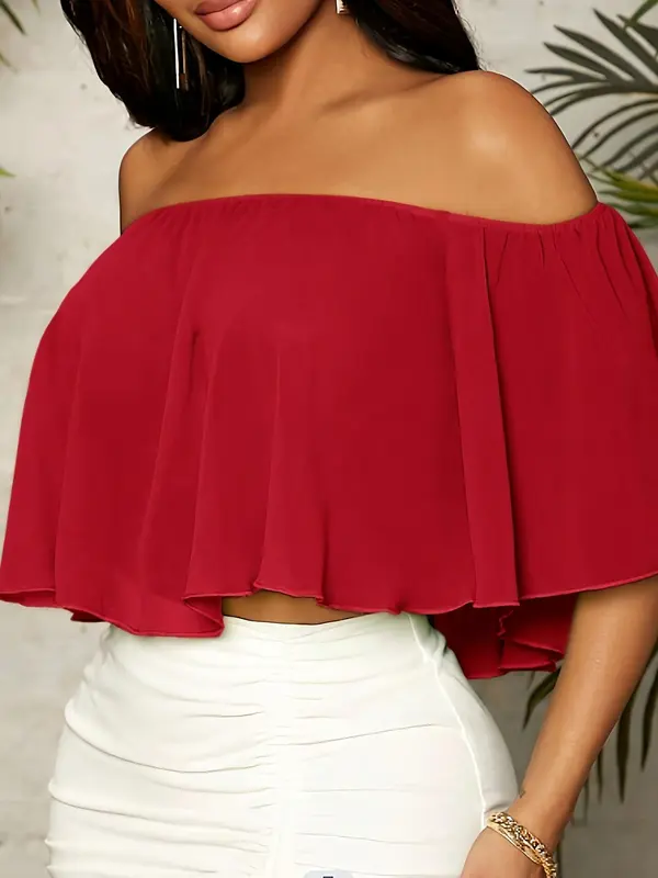Women's Plain Off Shoulder Ruffle Trim Chiffon Crop Blouse, Elegant Butterfly Sleeve Top for Summer, Ladies Clothes for Daily Vacation Outdoor Wear 7