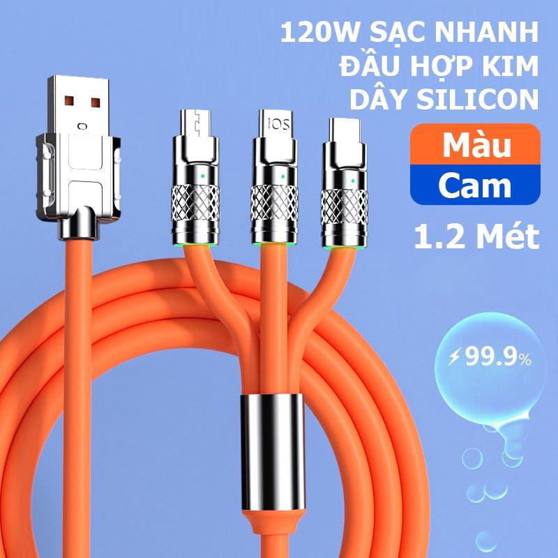Dây Cáp Sạc Nhanh 120W 3 Đầu Sạc Bằng Hợp Kim Kẽm Và Silicon Dài 1m2 Chống Đứt, Chống Rối 2