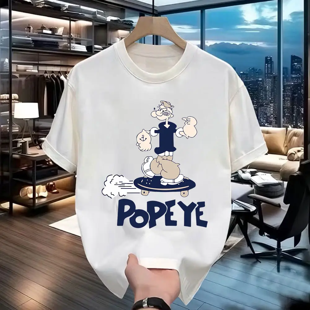 Kaos Lengan Pendek Motif Katun 100% Musim Panas (Popeye) Atasan Leher Bulat Longgar Kasual Pria