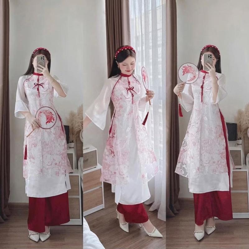    KHÔNG XẺ TÀ   Set Áo Dài Cách Tân Hoạ Tiết Đính Nơ Kèm Quần Suông Lụa 