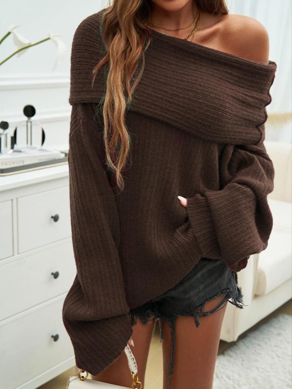 Women's Solid Off Shoulder Drop Shoulder Sweater, Trendy Elegant Fashion Casual Long Sleeve Jumper for Daily Outdoor Wear, Women Knitwear for Fall & Winter 3