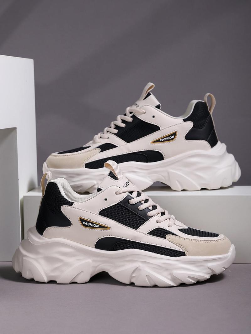 Product Introduction of Men's Fashionable Colorblock Letter Label Design Lace Up Sneakers, Casual Comfortable Breathable Sports Running Shoes, Male All-match Round Toe Chunky Sneakers for Daily Life, Trainer 1