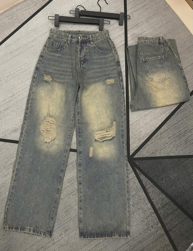 Quần Jean Nữ Ống Suông Rách Xanh Retro Mẫu Mới Size S M L Chiều Dài 102cm Ống 22cm Women Pants