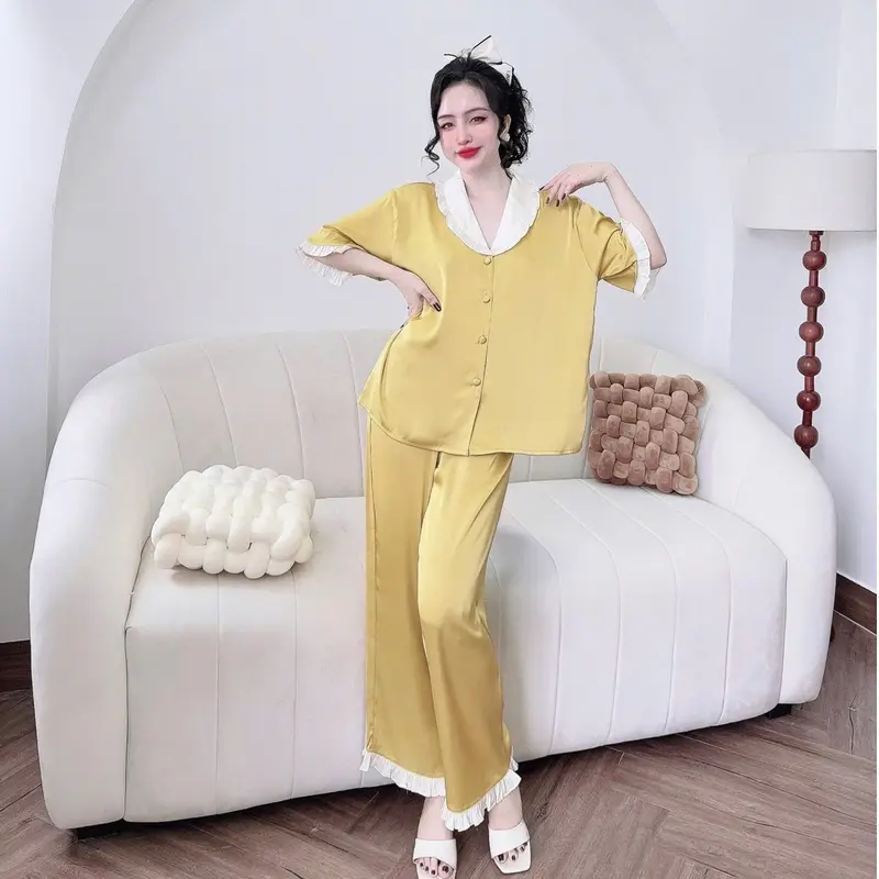 Set Bộ Pjzama cổ sen  FREESIZE 65kg Lụa Latin Áo Cổ Sen Bèo Quần Dài Bèo Óng Suông (Freesize 40-65kg) 4