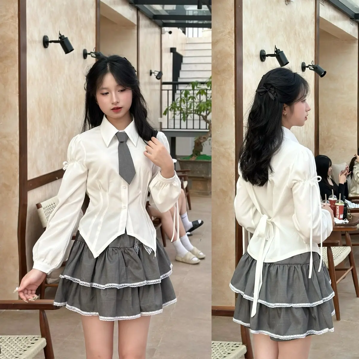 Áo Sơ Mi  Cortop Dài Tay Đính Nơ Có Dây Điều Chỉnh Thắt Eo( CROTOP THẮT EO)