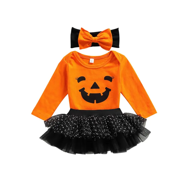 Trang Phục Halloween Cho Em Bé Bộ 3 Món, Áo Liền Quần Bí Ngô, Váy Tutu, Băng Đô 4
