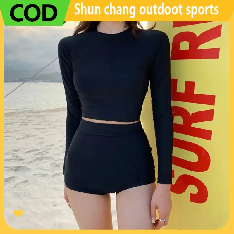 Two-piece Swimsuit for Women - Black Long-sleeved Split Swimsuit High Elasticity Anti-exposure Boxer Briefs Surfing Suit