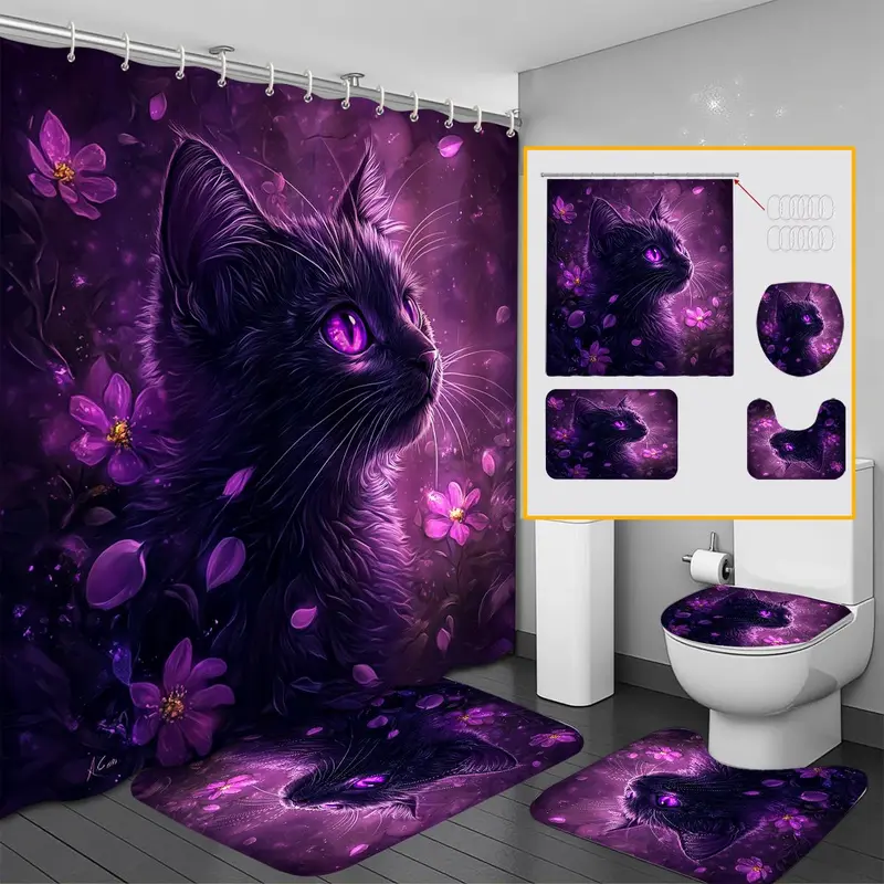 Cat Pattern Bathroom Decor Set, 1 Shower Curtain & 1 Toilet Lid Cover & 1 Rectangular Mat & 1 U-shaped Mat, Bathroom Accessories 0