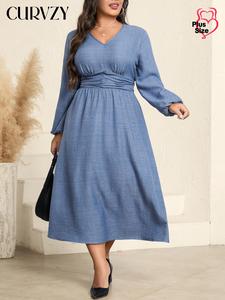 CURVZY Plus Size Plain Ruched Shirred V Neck A Line Dress, Casual Bishop Sleeve Long Sleeve Dress for Daily Wear, Women's Clothing for All Seasons