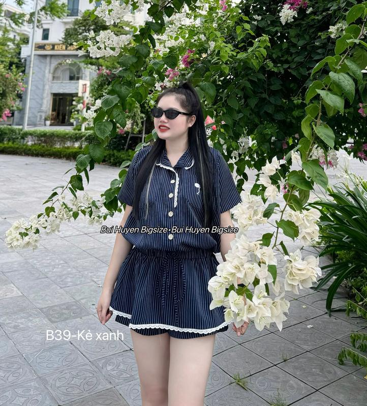 B39-Set Jumpsuit Cộc Tay Cổ Tàu Phối Ren Thêu Nơ Kèm Quần Short BIGSIZE