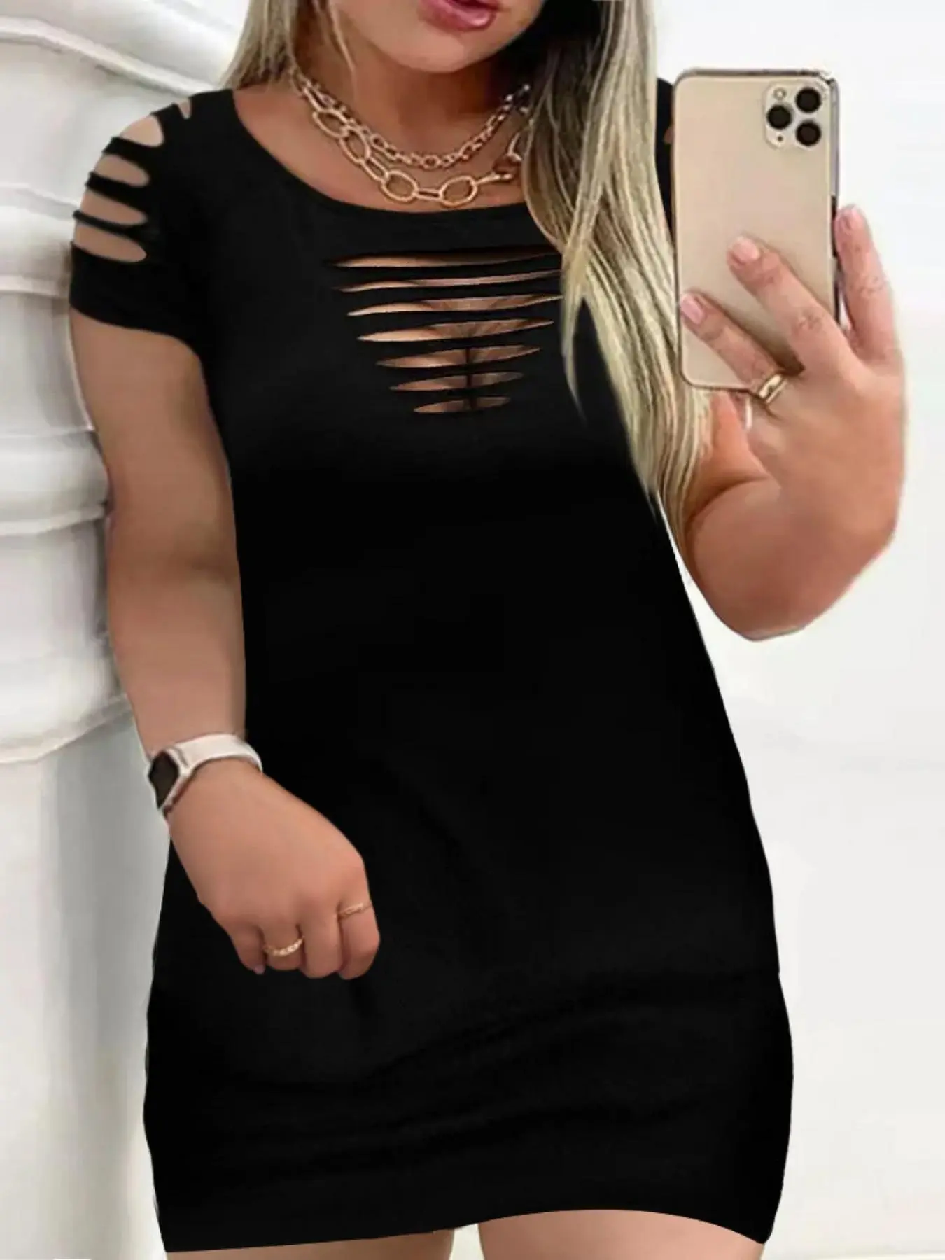 Women's Plus Size Solid Ripped Round Neck Bodycon Dress, Casual Fashion Short Sleeve Dress for Daily Outdoor Wear, Ladies Clothing for Summer