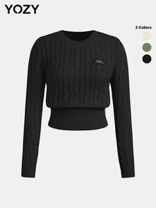 YOZY Women's Letter Patched Round Neck Cable Knit Sweater, Casual Long Sleeve Jumper for Fall & Winter, Fashion Ladies' Knitwear for Daily Wear