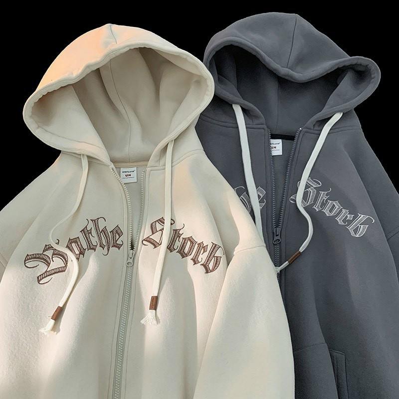 Áo Khoác Nỉ Thêu Chữ Hoodie Có Dây Kéo Nón 2 Lớp Kiểu Rộng Unisex Thu Đông Menswear Nam Đen Vải Nỉ Ngoại Mềm Mịn Size L Dưới 65 Kg