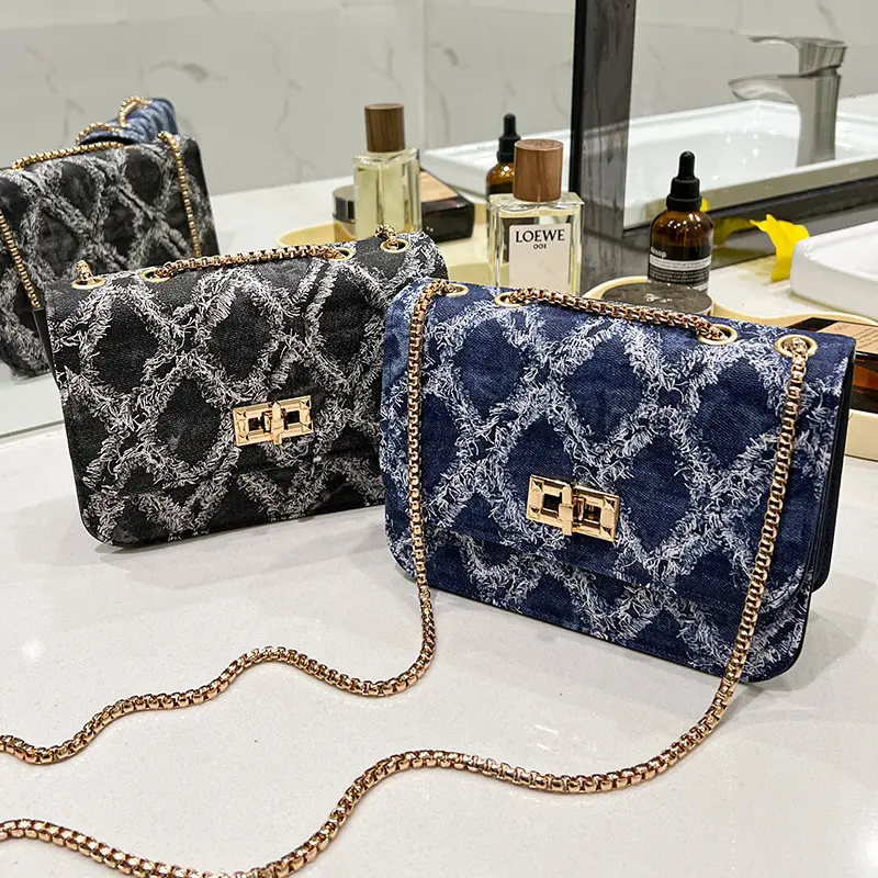 2024 New Fashion Women's Bag Trendy Denim Small Square Bag Single Shoulder Crossbody Chain Lock Buckle Ladies Bag