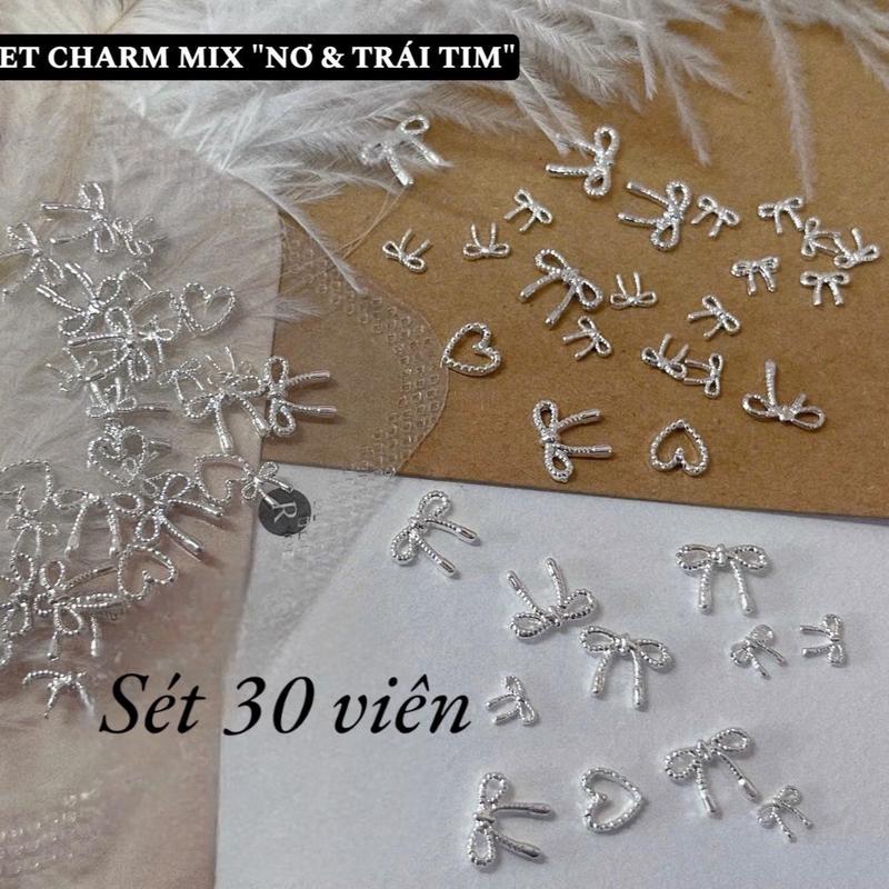 Sét 30 viên charm tim mix nơ làm nail, 1 túi 30 viên