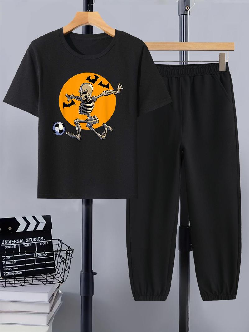 Product Introduction of Two-Piece Set Boy's  Skeleton Print Tee & Elastic Waist Pants Set, Casual Short Sleeve Round Neck T-shirt & Pocket Trousers, Kids Summer Clothes 4