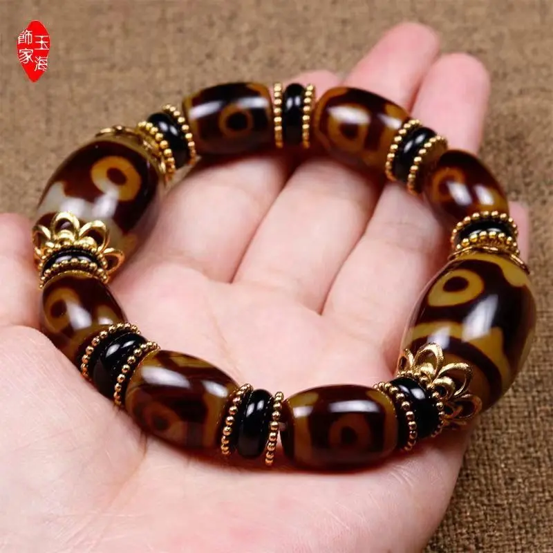 Real Tibet Sanjiu Eye Tibet Beads Bracelet Agate Chalcedony Cultural Artifact Prayer Beads Bracelet Vintage Ethnic Style Jade Bead Jewelry
