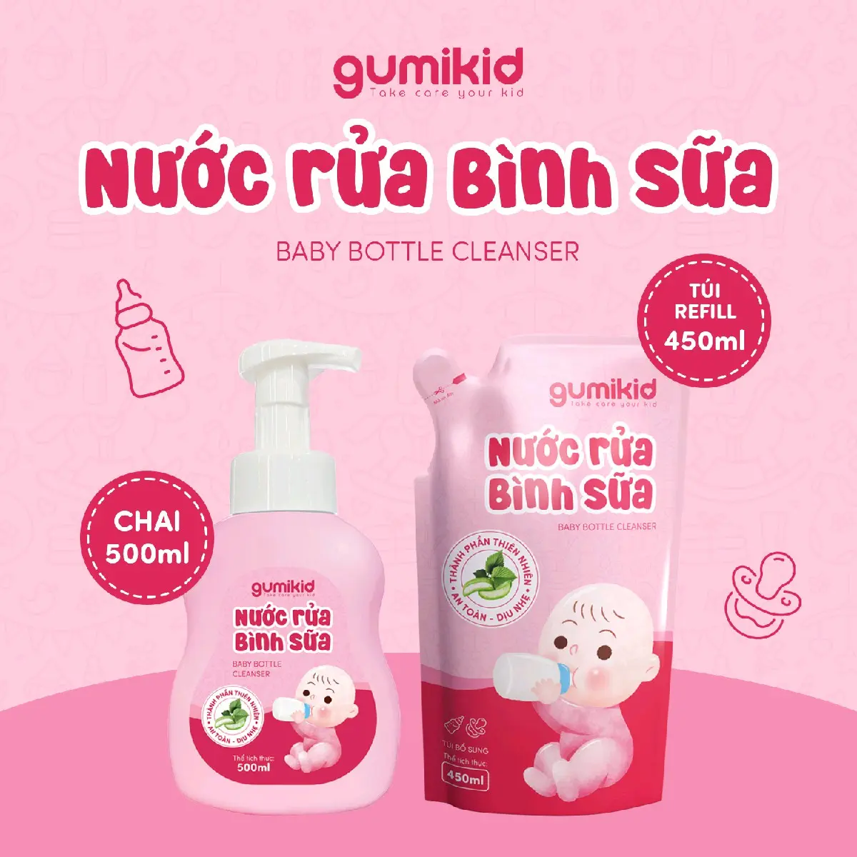Nước rửa bình sữa trẻ em Gumikid giúp làm sạch bình sữa và đồ dùng của bé chiết xuất lô hội ,lá tía tô, Nano bạc và muối potassium của acid béo Voi Nhựa