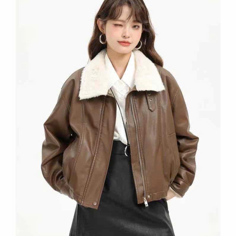 Áo khoác da lót lông đai cổ 3 màu phong cách Hạnh Nguyễn Mikixi