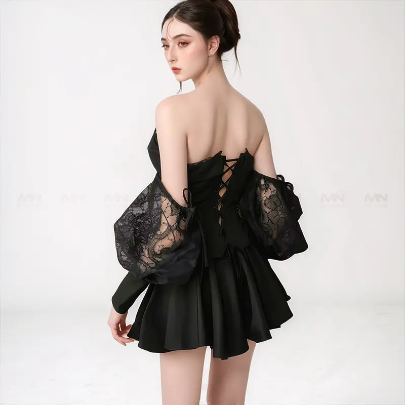 Set váy trễ vai ( 2 món) MINA thiết kế dáng xoè mini màu đen chất liệu Cotton phối Ren dự tiệc - MN297 Women Dress Nữ 2