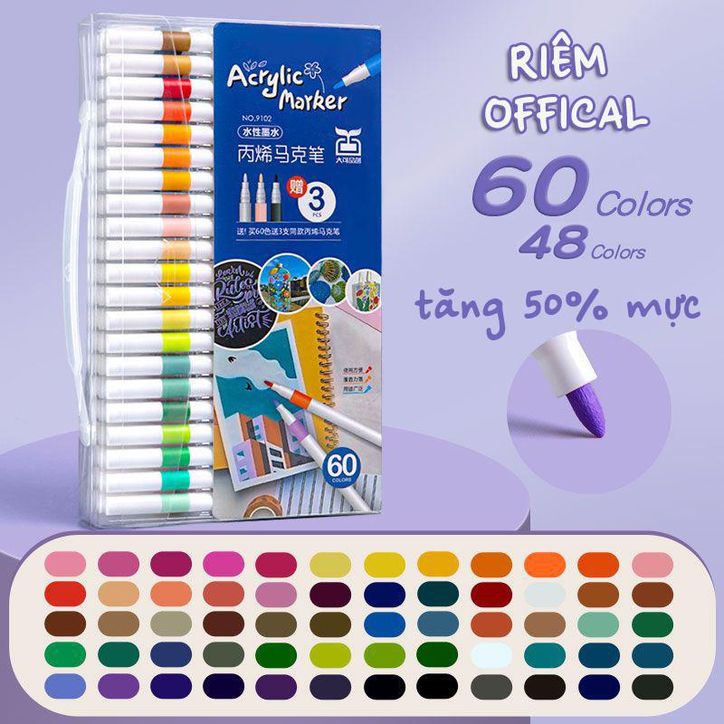 Hộp 60 bút màu ACRYLIC Marker ĐẦU NHỌN CHỐNG THẤM NƯỚC Không Vẽ Lên Đồ Vật Nhẵn lau được khi dính lên da