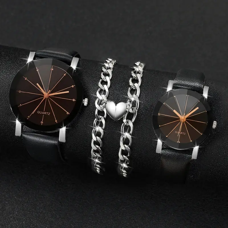 4 pcs/set couple's watches fashion rhinestone men women leather band quartz watch magnet heart bracelets set