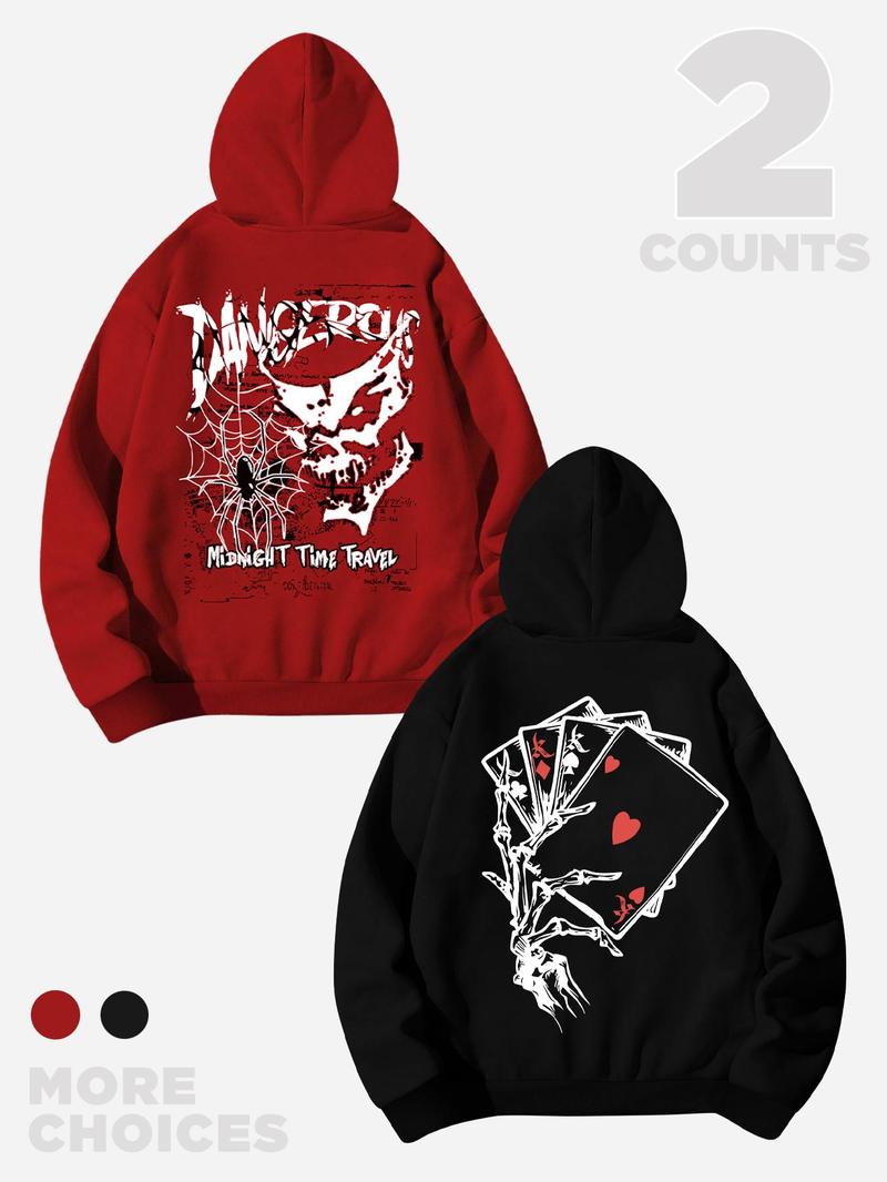 Product Introduction of Men's Spider & Playing Card Print Drop Shoulder Hoodie, Fashion Casual Regular Fit Drawstring Pocket Hooded Sweatshirt for Daily Holiday Outdoor Wear, Men Clothes for Fall & Winter， Spider Hoodie 1