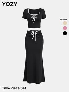 YOZY Contrast Binding Tee & Ruched Mermaid Skirt Set, Square Neck Short Sleeve Crop Top & Casual Tie Front Skirt, 2024 Women's Outdoor Holiday Outfits for Spring & Summer & Autumn