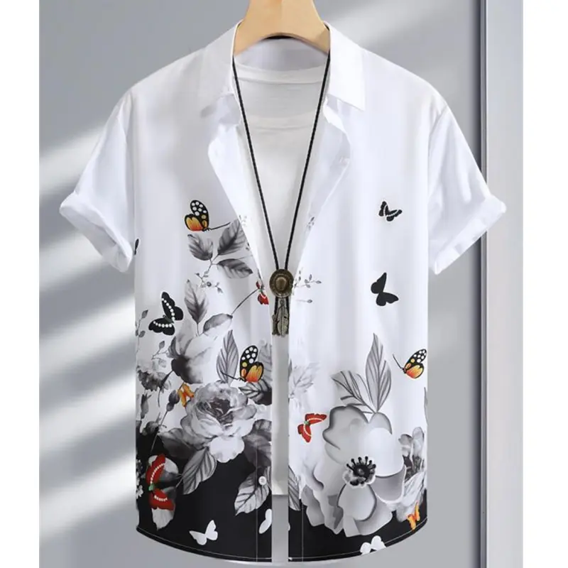 3D Floral Print Shirt, Men's Retro Shirt, Men's Clothing, Plus Size, One Shoulder and Open Shoulder Design, Suitable for Summer, 2025