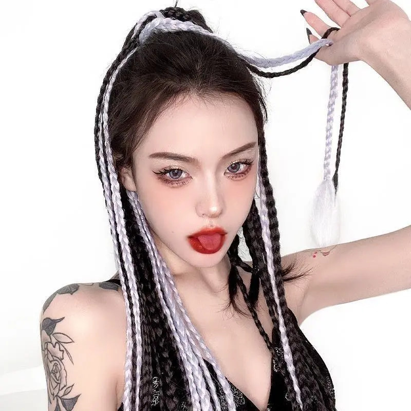 Wig Kepang Warna Gradasi Dengan Kepang Panjang Wig Kepang Wanita Tiruan Gaya Strap-On, Aksesori Rambut 60 CM Pertunjukan Panggung Cocok Untuk Dewasa Dan Anak-Anak 2