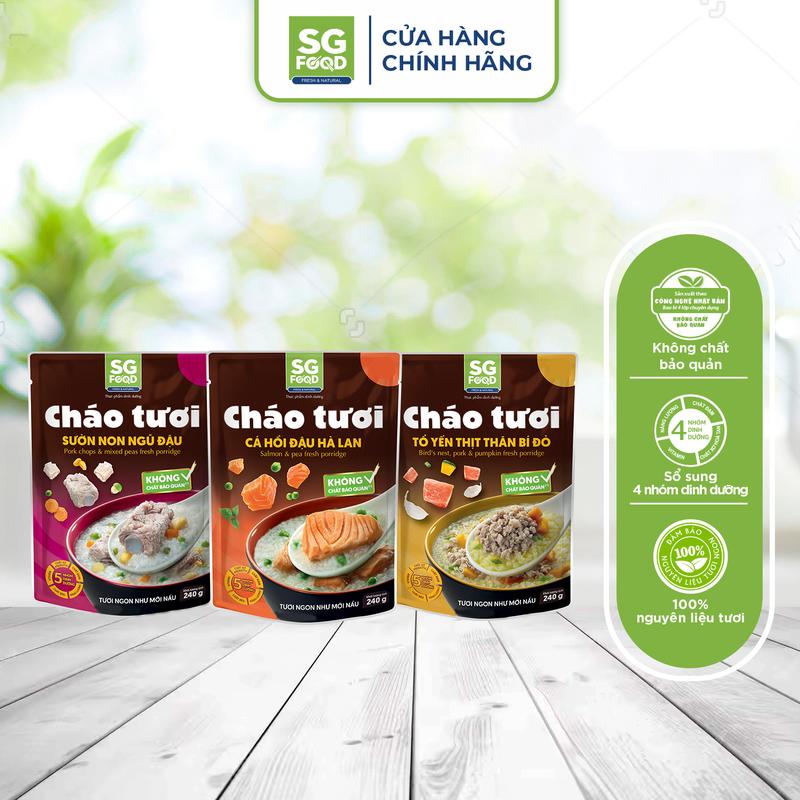 Lốc 3 gói Cháo Tươi Sài Gòn Food 240g Tổ Yến Thịt Thăn Sườn Non Cá Hồi
